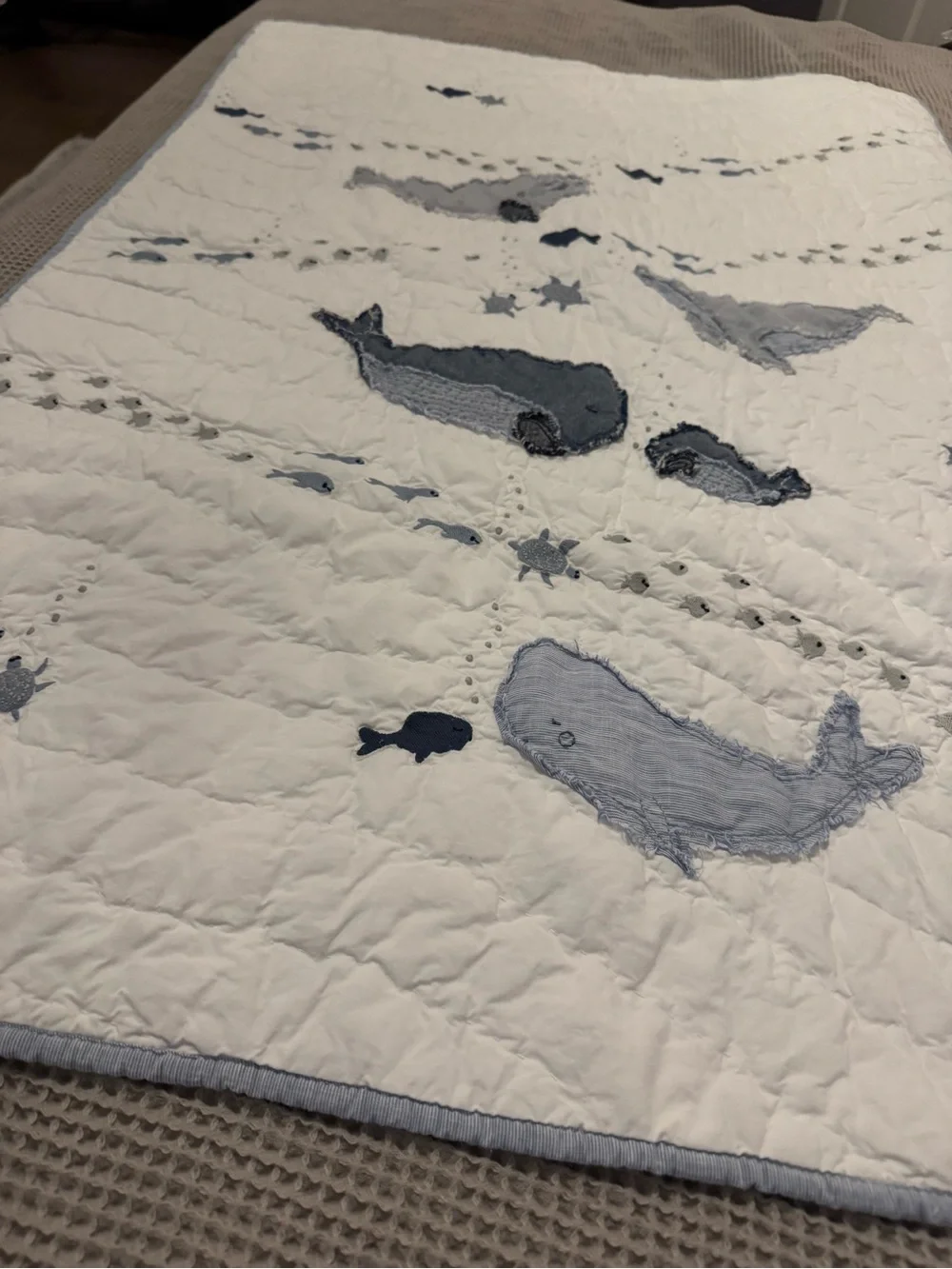 Pottery Barn Kids Whale Appliqué Quilt - Navy, Light Gray, White